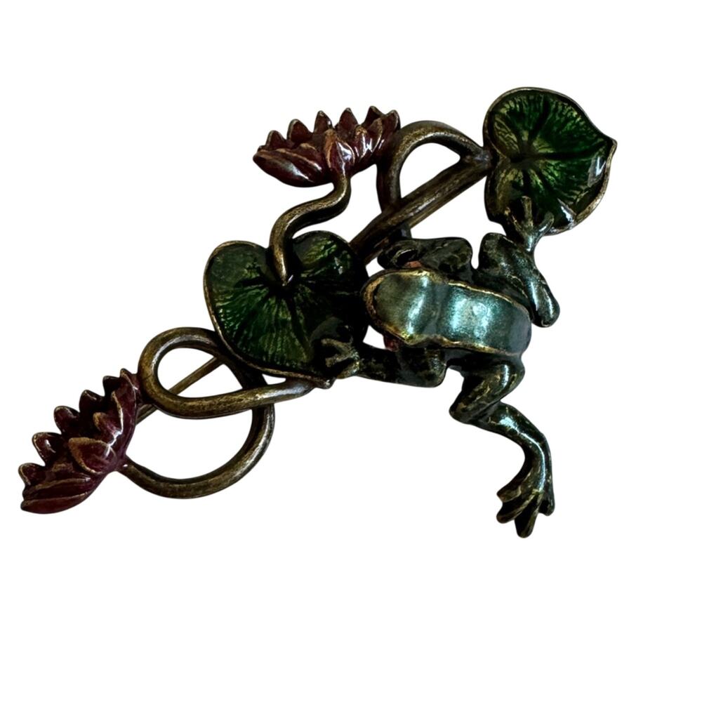 Sweet Romance USA Bronze Tone Frog Lily Pad Brooch Womens Estate Jewelry Vintage
